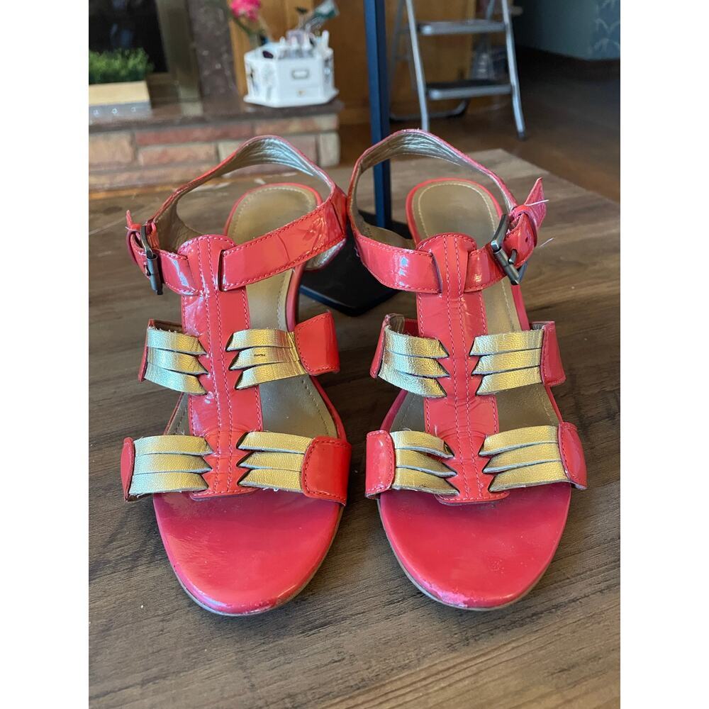 6/$25 Circa Joan & David Luxe Coral/Gold Kitten Heel Buckle Ankle Strappy Heels